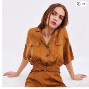 Zara Fillsens Women’s Size S Semi Crop Top/Blouse/Shirt Tan/Brown Ciniched Waist